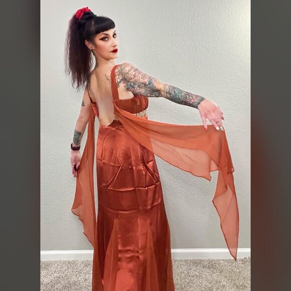90s Vintage Bronze Silk Chiffon Halter Dress Art Deco Formal Maxi Retro 30s 10 - Picture 3 of 10
